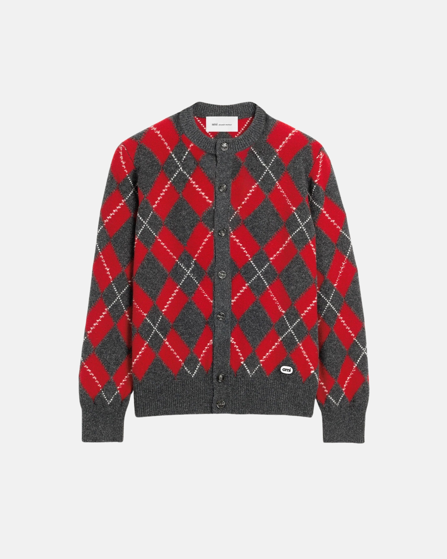 HKC400.KN0202 CREWNECK CARDIGAN WITH AMI BOUCLETTE OVAL PATCH AMI PARIS FW26 - GRIS CARBONE/RUBIS ROUGE