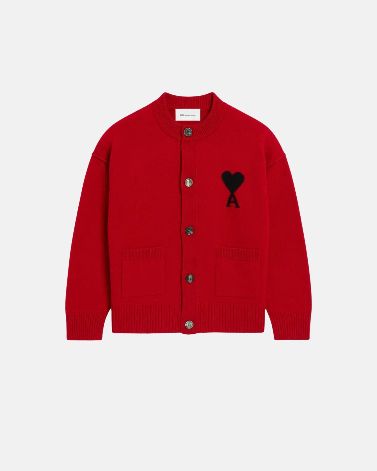 UKC367.018 V NECK CARDIGAN WITH CONTRASTED AMI DE COEUR AMI PARIS FW26 - ROUGE RUBIS/ NOIR